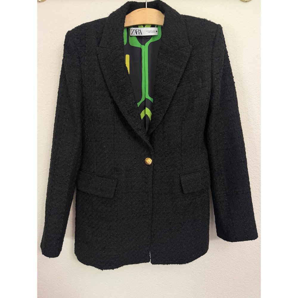 Zara Black Textured Tweed Blazer Gold Button Green Retro Lining M Medium